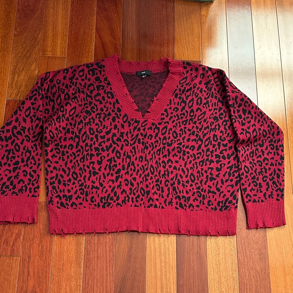 Fate Red and Black Leopard V-Neck Sweater